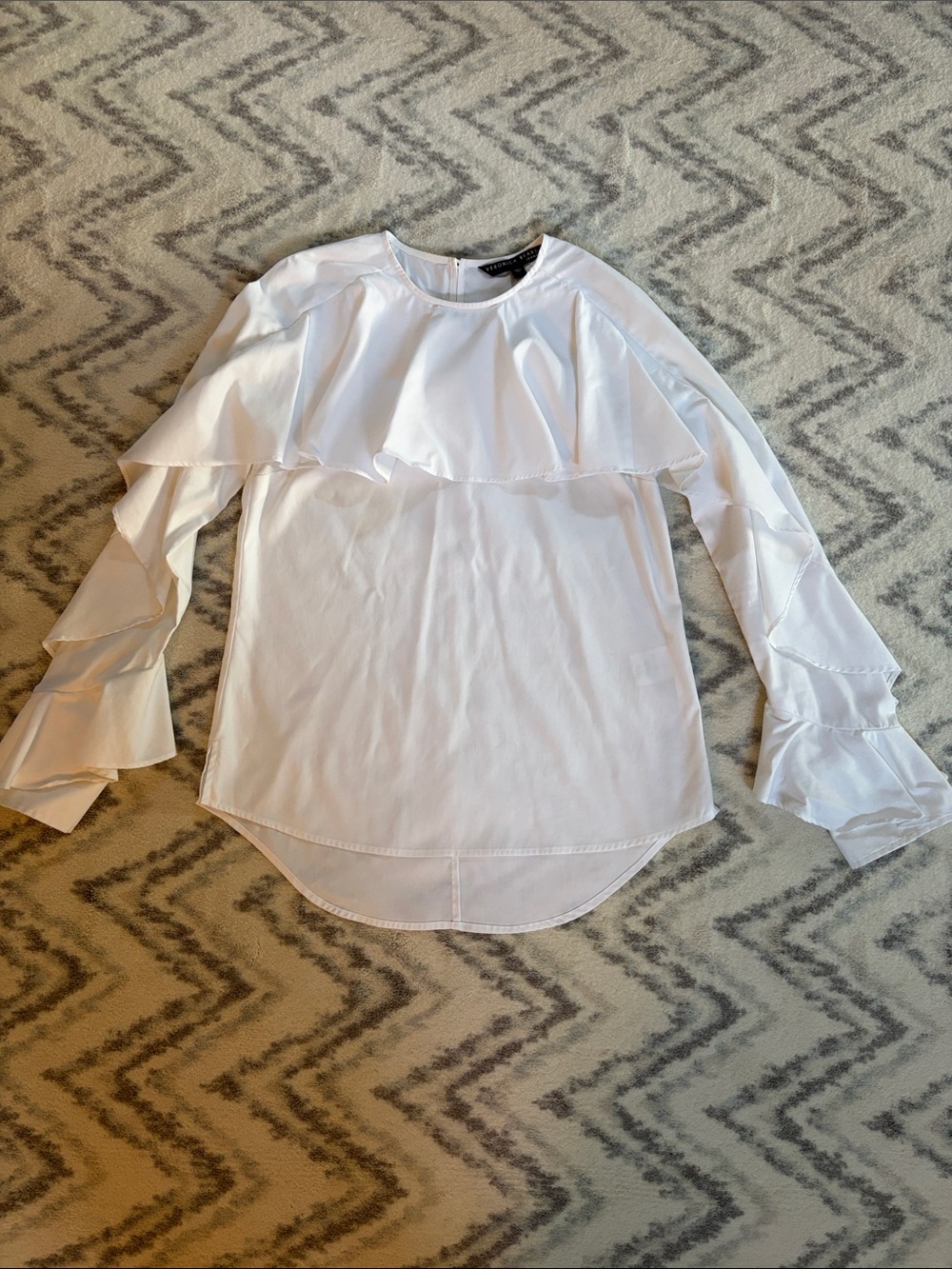 Veronica Beard White Ruffle-Trim Long Sleeve Blouse